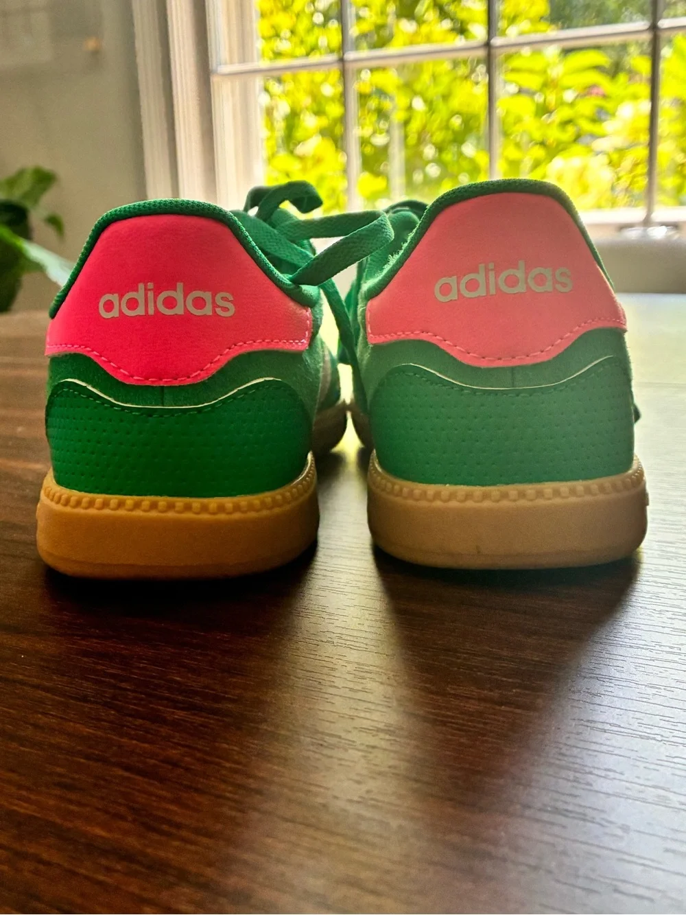 adidas Kids Green Suede Sneakers with White Stripes and Pink Heel